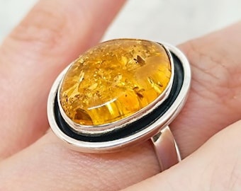 Baltic Amber Adjustable Ring,925 Sterling Silver and Natural  Amber Ring, Statement Ring, Handmade Silver Ring, Real Amber Ring