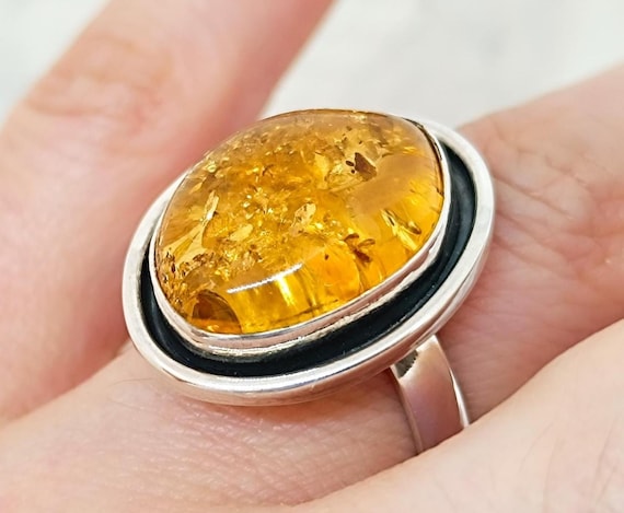 Baltic Amber Adjustable Ring,925 Sterling Silver and Natural  Amber Ring, Statement Ring, Handmade Silver Ring, Real Amber Ring