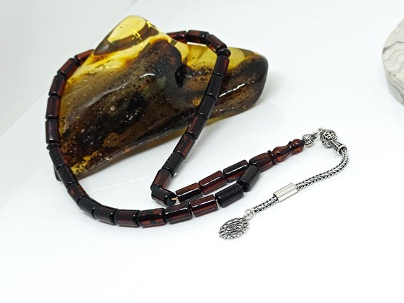 Natural Baltic Amber Rosary, 33 Beads, Sterling Silver Tassel, Islamic Prayer Beads