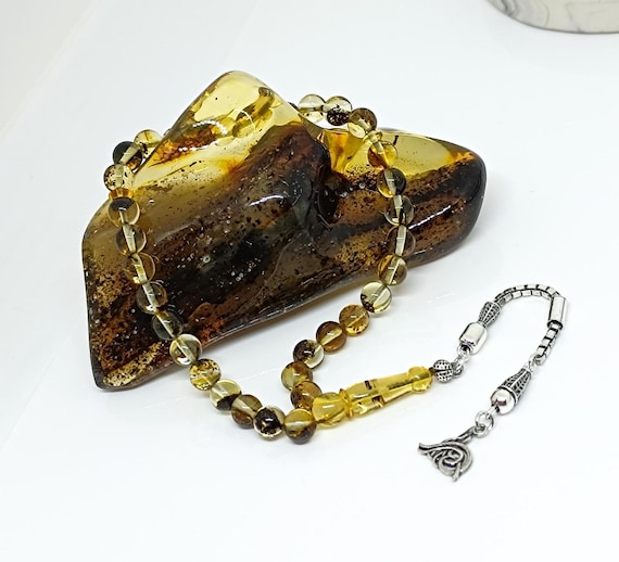 Real Baltic Amber Rosary with Plant Fossils & 925 Silver Tassel, Amber with Plant Fossils, Natural Baltic Amber 33 Beads Islamic Rosary