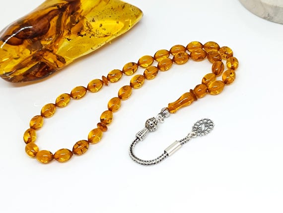 Natural Baltic Amber Rosary, Sterling Silver Tassel, Islamic Prayer Beads