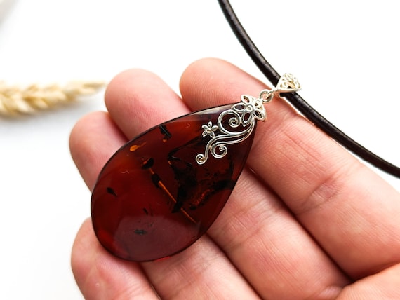 Large Amber Silver Pendant with Leather Cord,Genuine Cognac Amber Pendant,Handmade 925 Silver Pendant,Birthstone Pendant,Baltic Amber,8g