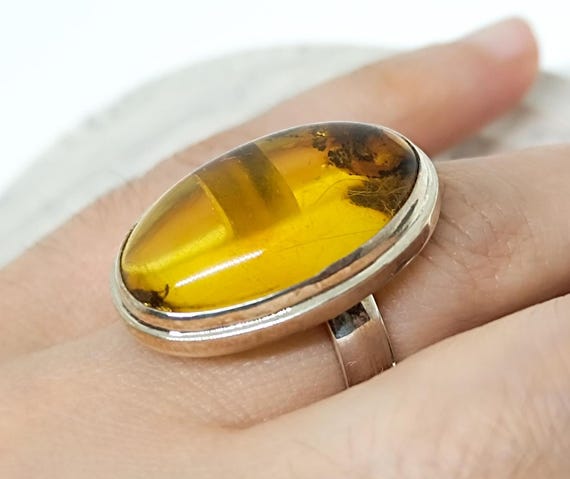 Elegant Genuine Amber Ring,Natural Amber Sterling Silver Ring,Adjustable Amber Ring,925 Silver Cognac Baltic Amber Ring