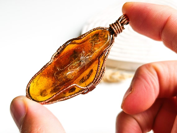 Amber Pendant,Wire Wrapped Amber Pendant, Spiritual Tribal Jewelry,Raw Stone Jewelry,Unique Gift,Gift for Women, Handmade Pendant