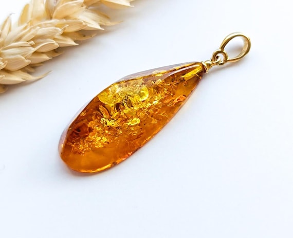 Cognac Color Baltic Amber Pendant with Gold Plated 925 Sterling Silver, Amber Jewelry,  Amber Healing, Amber Gift, Birthday Gift