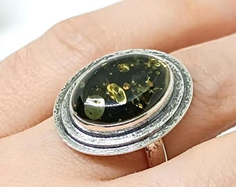 Handmade Adjustable Green Baltic Amber Ring, Sterling Silver