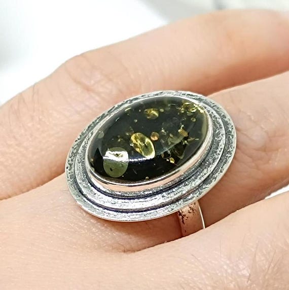 Handmade Adjustable Genuine Amber Ring,Green Amber Ring,Natural  Baltic Amber Silver Ring,925 Sterling Silver Ring,gift for her