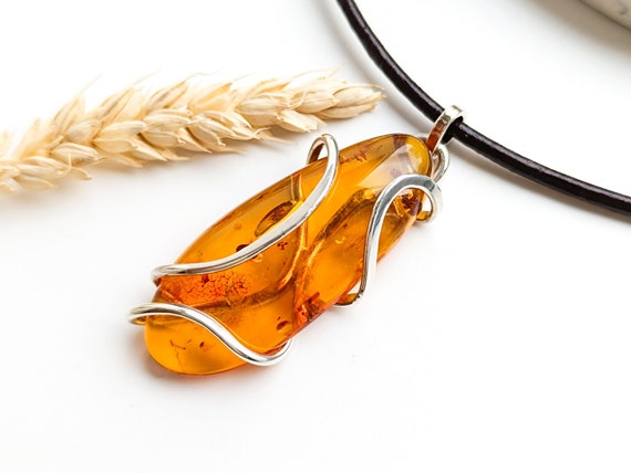 Amber Silver Pendant with Leather Cord,Genuine Amber Pendant,Handmade 925 Silver Pendant,Birthstone Pendant,Gift for Her