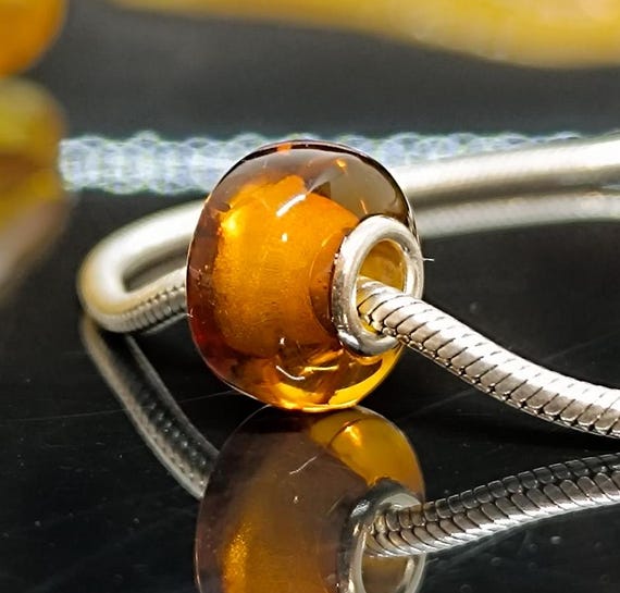 Cognac  Color Natural Amber Charm Beads with Sterling Silver, Baltic Amber Pandora and Trollbeads Compatible, Donut  Charms, Amber Healing