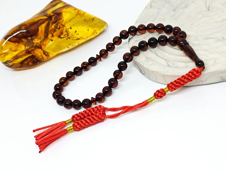 33 Beads Real Authentic Amber Rosary, Natural Baltic Amber Prayer Beads, Kahraman, Kehribar, Genuine Amber Muslim Misbah,7mm image 3