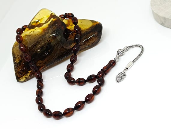 Natural Baltic Amber Rosary, Sterling Silver Tassel, Muslim Misbah (33 Beads)