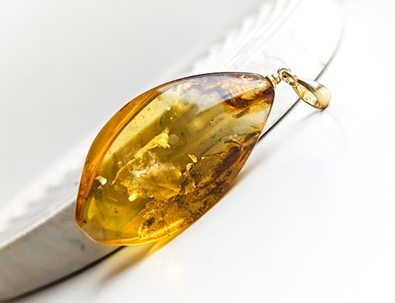 Natural Baltic Amber Pendant with Gold Plated 925 Silver Bail, Amber with Plant Fossils, Genuine Unique Amber, Elegant Amber for Healing