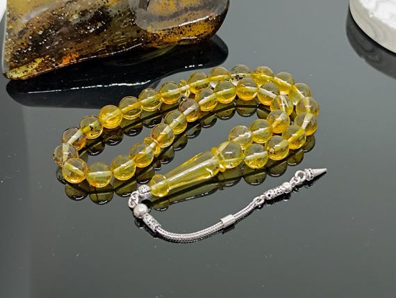 9mm Real Baltic Amber Rosary with Plant Fossils and 925 Silver Tassel, Amber with Fossils,Natural Baltic Amber Islamic Rosary,Amber Tesbih