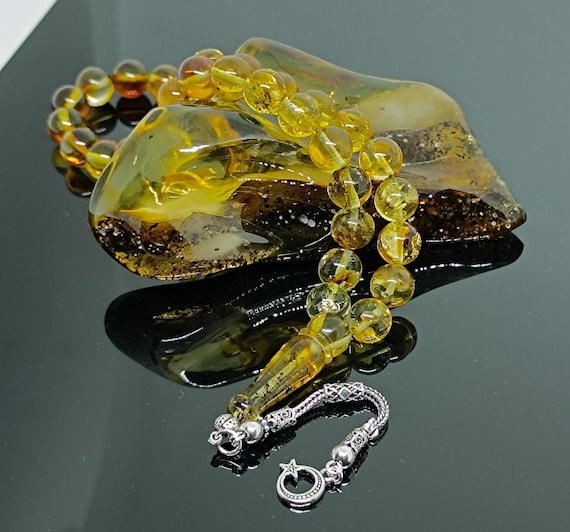 Real Baltic Amber Rosary with Plant Fossils & 925 Silver Tassel, Amber with Plant Fossils,Natural Baltic Amber Islamic Rosary,Amber Tesbih