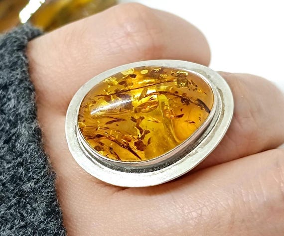 Handmade Adjustable Genuine Amber Ring,Cognac Amber Ring,Natural  Baltic Amber Silver Ring,925 Sterling Silver Ring,gift for her