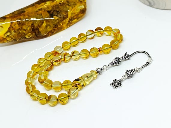 Natural Real Baltic Amber Rosary with 925 Sterling Silver Tassel,Baltic Amber Tesbih, Kahraman, Kehribar, Genuine Amber Muslim Misbah