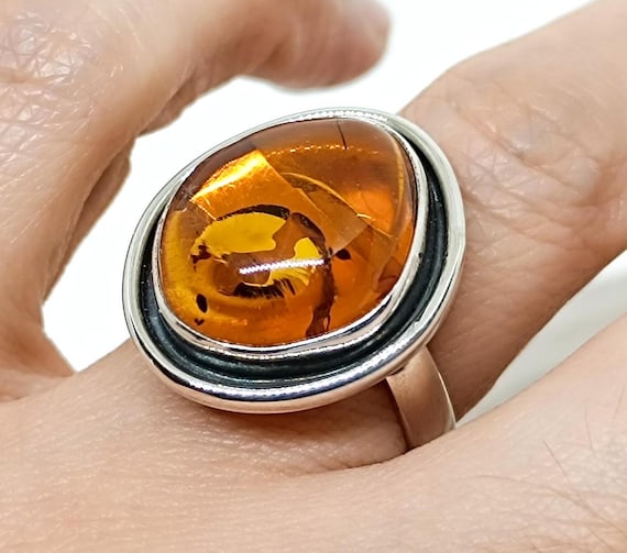 Natural Baltic Amber Ring,925 Sterling Silver Amber Ring,Adjustable Genuine Amber Ring, Large Handmade Amber Ring, Gemstone Jewelry