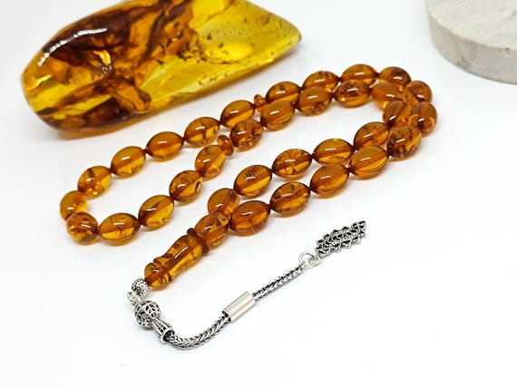 Natural Baltic Amber Rosary, Sterling Silver Tassel, Muslim Prayer Beads