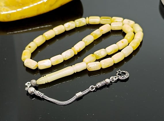 White Natural Amber Rosary with 925 Silver Tassel, Real Baltic Amber Islamic Prayer Beads,Amber Tesbih,Kahraman,Kehribar Gift for Him,Misbah