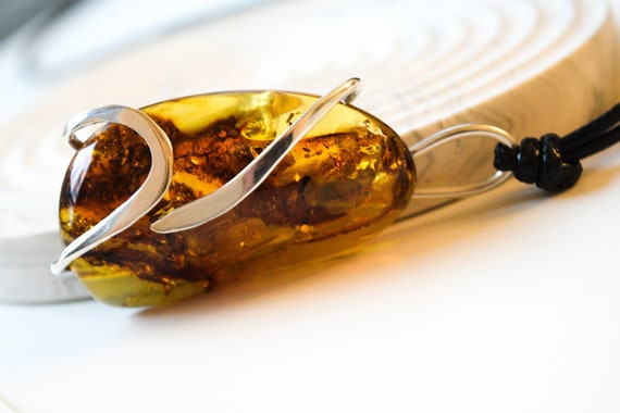 Large Amber Silver Pendant with Adjustable Cord,Genuine Baltic Amber Pendant,925 Silver Pendant,Birthstone Pendant,Gift for Her,Boho Pendant