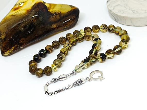 Genuine Baltic Amber Rosary with Plant Fossils, 925 Silver Tassel