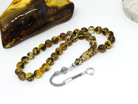 Genuine Baltic Amber Rosary with Plant Fossils, 925 Silver Tassel