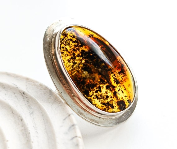 Natural Baltic Amber Silver Ring with Plant Fossils,925 Sterling Silver Amber Ring, Adjustable Genuine Amber Ring, Large Handmade Amber Ring
