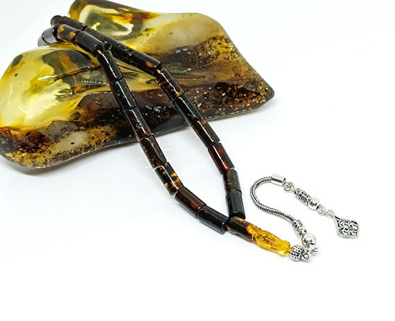 Natural Baltic Amber Rosary with Plant Fossils & 925 Silver Tassel, Amber with Plant Fossil,Genuine Baltic Amber Islamic Rosary,Amber Tesbih