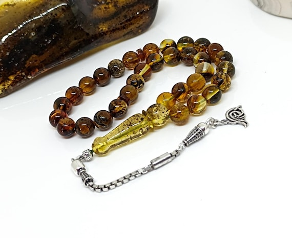 Baltic Amber Rosary with 925 Sterling Silver Tassel,Natural Amber Islamic Rosary, Amber Rosary with Plant Fossil, Kahraman, Kehribar Tesbih