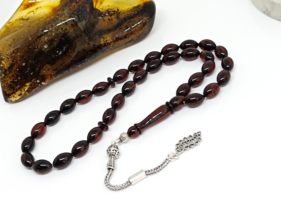 Natural Baltic Amber Rosary, 33 Beads, Sterling Silver Tassel, Islamic Prayer Beads