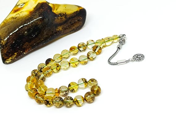Baltic Amber Rosary with 925 Sterling Silver Tassel,Natural Amber Islamic Rosary, Amber Rosary with Plant Fossil, Kahraman, Kehribar Tesbih