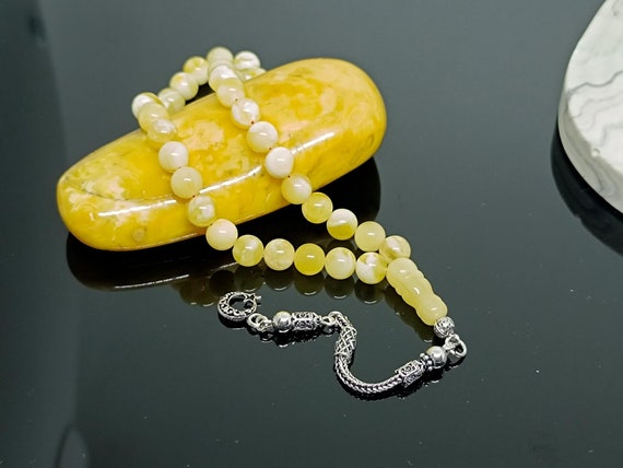 White Baltic Amber Rosary with 925 Sterling Silver Tassel,Natural Baltic Amber Islamic Prayer Beads,Amber Tesbih,Kahraman,Amber for Healing