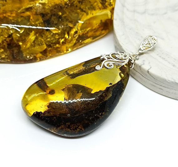 Large Green Amber Silver Pendant, Genuine Baltic Amber Jewelry,925 Silver Pendant, Birthstone Pendant, Baltic Amber Pendant, Gift for Her