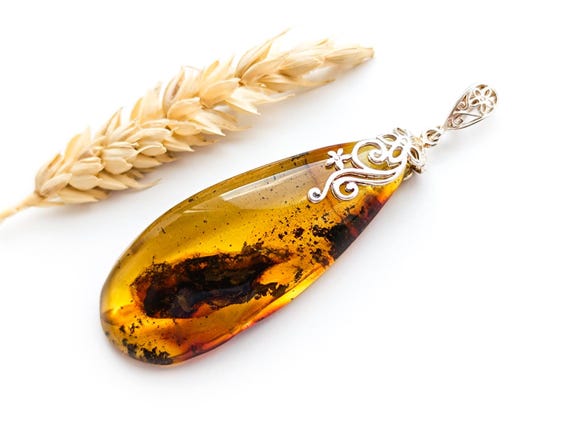Baltic Amber Pendant,Birthstone Pendant,Amber Pendant with Plant Fossils,Unique Pendant,Cognac Color Amber,Birthday Gift,Gemstone Pendant