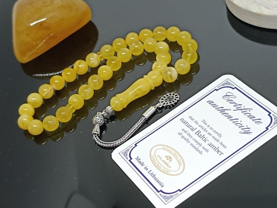 Natural Baltic Amber Rosary, 925 Sterling Silver Tassel, Islamic Prayer Beads, Healing Gemstone