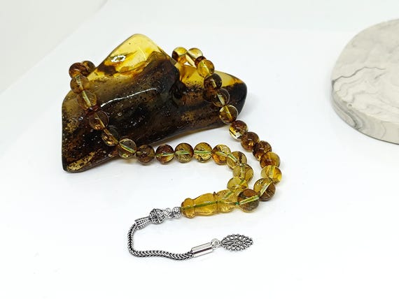 Real Baltic Amber Rosary with Plant Fossils & 925 Silver Tassel, Amber with Plant,Natural Baltic Amber Islamic Rosary, Amber Tesbih,10mm