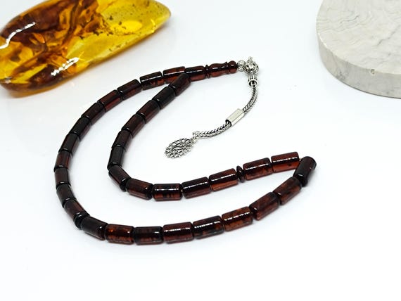 Natural Baltic Amber Rosary, 33 Beads, Sterling Silver Tassel, Islamic Prayer Beads