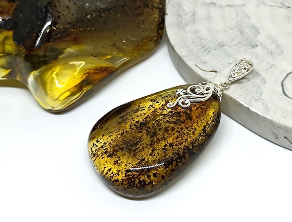 Large Amber Silver Pendant with Plant Fossils, Genuine Amber Pendant, Handmade 925 Silver Pendant, Birthstone Pendant, Gift for Her