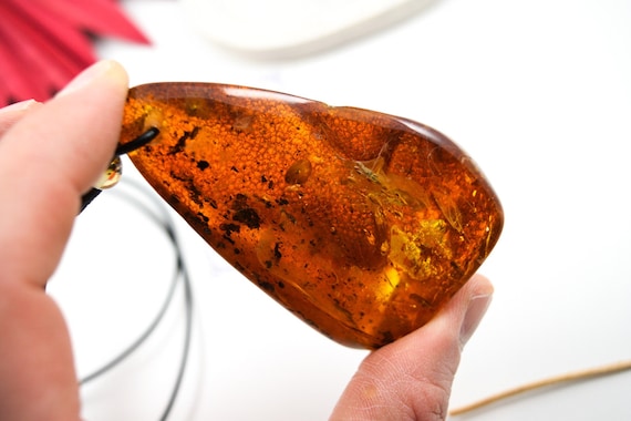 43 gr Massive Elegant Natural Baltic Amber Pendant with Adjustable Leather, Amber for Collectors, Chunky Amber Pendant, Amber Plant Fossils