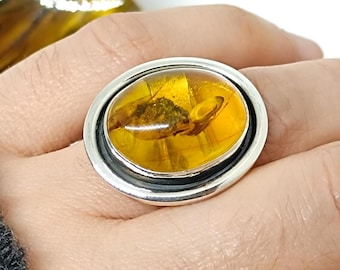 Adjustable Baltic Amber Ring, 925 Sterling Silver, Cognac Gemstone