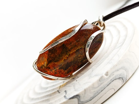 Large Green Amber 925 Silver Pendant with Leather Cord,Genuine Baltic Amber Pendant,Handmade  Birthstone Amber Jewelry,Gift for Her