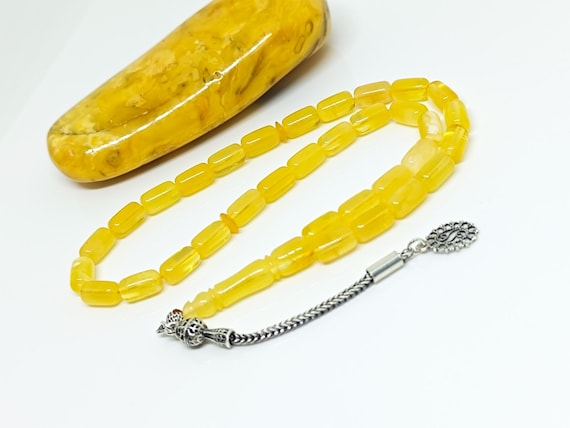 White Baltic Amber Rosary with 33 Beads & 925 Sterling Silver Tassel,Natural Baltic Amber Islamic Prayer Beads,Amber Tesbih,Kahraman