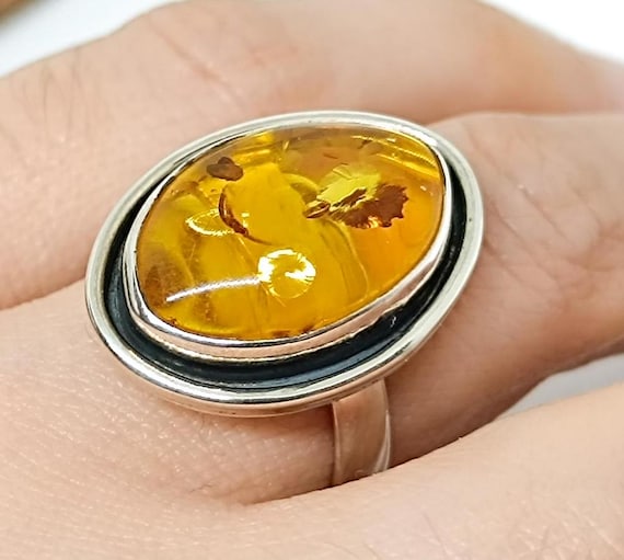 Elegant Genuine Amber Ring,Natural Amber Sterling Silver Ring,Adjustable Amber Ring,925 Silver Cognac Baltic Amber Ring