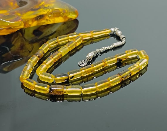 Natural Baltic Amber Rosary with Plant Fossils & 925 Silver Tassel, Amber with Plant Fossil,Genuine Baltic Amber Islamic Rosary,Amber Tesbih