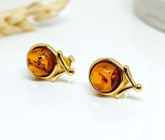 Premium Amber Earrings with gold plated 925 Silver, Natural Amber Jewelry, Gemstone Earrings, Stud Earrings with Certificate