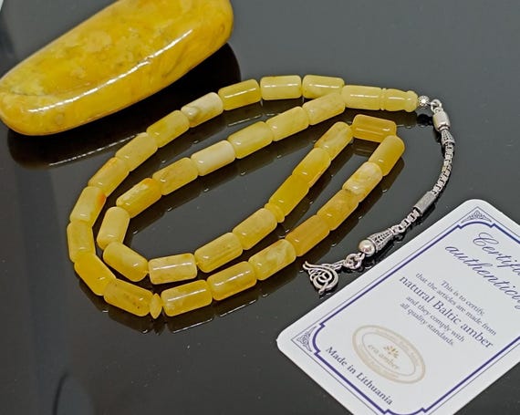 White Natural Amber Rosary with 925 Silver Tassel,Real Baltic Amber Islamic Prayer Beads,Amber Tesbih,Kahraman,Kehribar Gift for Him,Misbah,