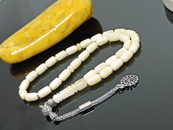 White Baltic Amber Rosary, 925 Sterling Silver Tassel, Islamic Prayer Beads