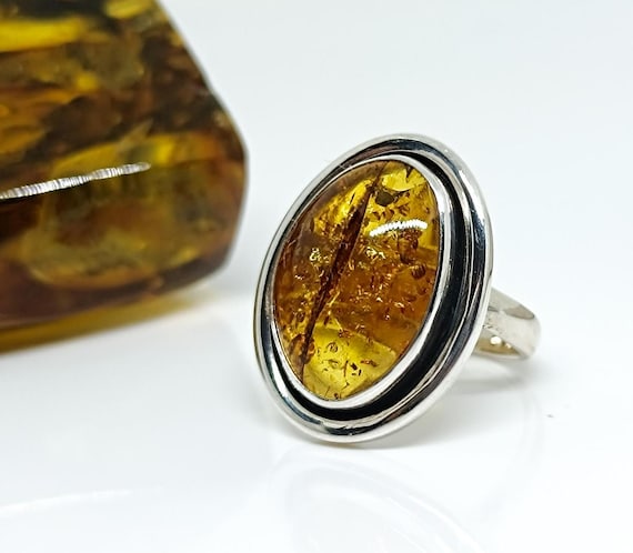Adjustable Artisan-Crafted Baltic Amber Sterling Silver  Ring - Nature's Gem on Your Finger, Handmade Genuine Amber Ring in 925 Silver