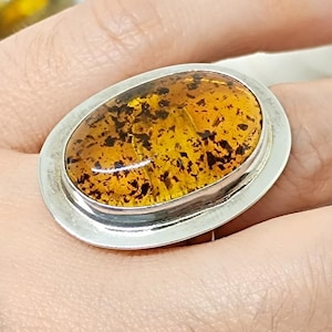 Elegant Genuine Silver Amber Ring ,Natural Amber Sterling Silver Ring,Adjustable Amber Ring,925 Silver Cognac Baltic Amber Ring