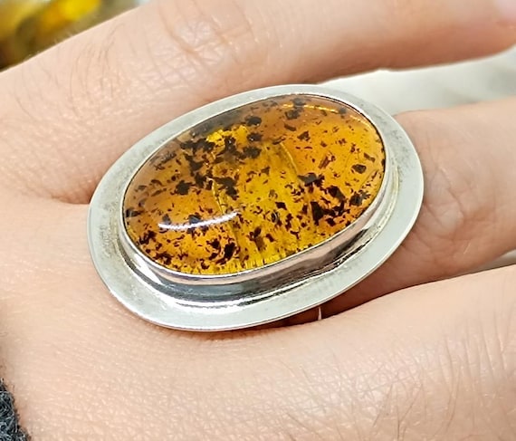 Elegant Genuine Silver Amber Ring ,Natural Amber Sterling Silver Ring,Adjustable Amber Ring,925 Silver Cognac Baltic Amber Ring